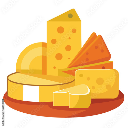 Hard porous cheese big head and sliced piece vector illustration