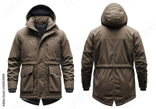 Front and back view of a men's brown hooded winter parka jacket with a drawstring waist, isolated on a white background.