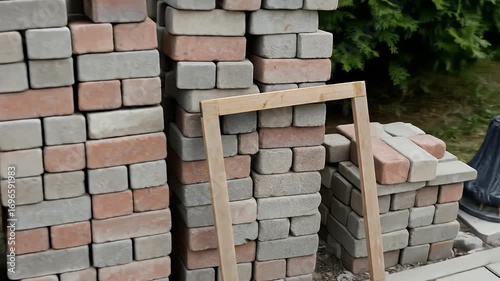 Stacks of multicolored rectangular paving stones ready for a landscaping or construction project.