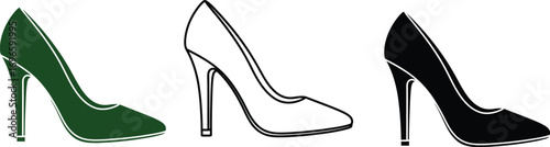Chic high heel shoe in green, black, and outline styles for fashion inspiration