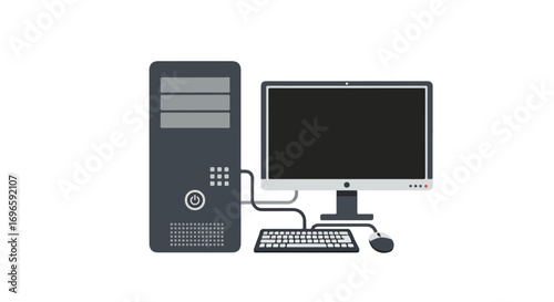 Desktop computer vector illustration showcasing a modern pc setup with tower, screen, keyboard, and mouse in a sleek design presenting home or