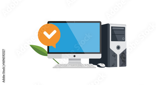 Computer desktop setup with checkmark notification enhancing digital confidence and ecological computing vision for eco-friendly technology adoption