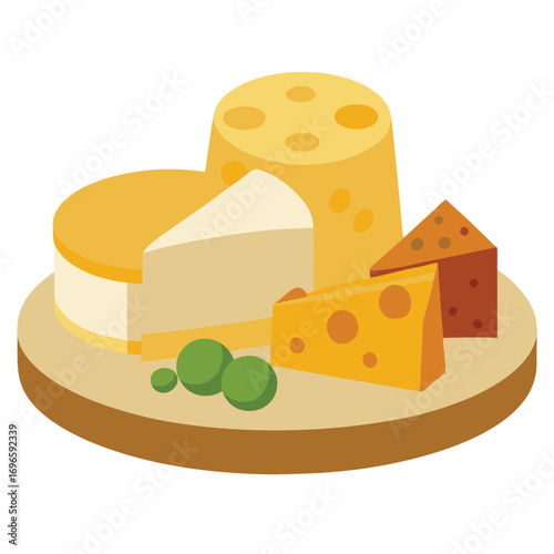 Hard porous cheese big head and sliced piece vector illustration