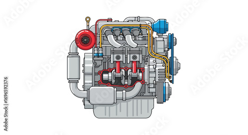 Stylized automotive engine illustration showcasing the internal combustion process and components of a vehicle motor
