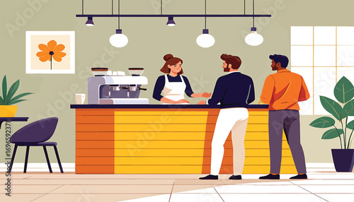 Vector illustration of a coffeehouse interior with a barista preparing drinks for customers at the counter