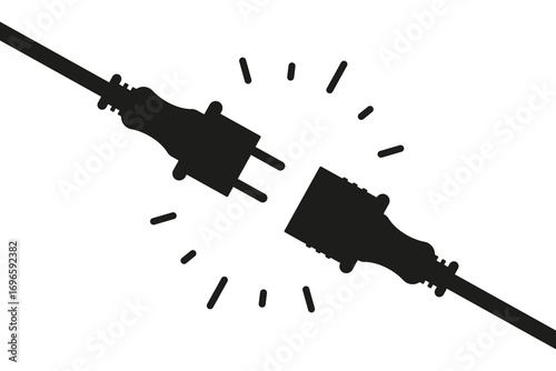 Stylized electric plugs nearing contact, radiating lines suggest ignition, unity, or digital activation. Bold contrast, clean composition.