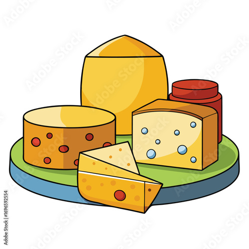 Hard porous cheese big head and sliced piece vector illustration