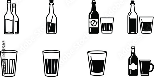 Collection of stylized beverage bottles and glasses, representing drinks and refreshment