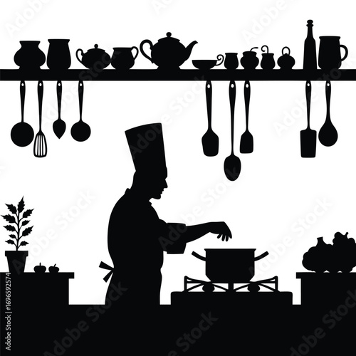 Chef silhouette cooking on stove with kitchenware and produce Keywords: chef, cooking, kitchen