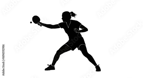 Silhouette of Female Table Tennis Player in Action with Racket and Ball Isolated on White Background 
