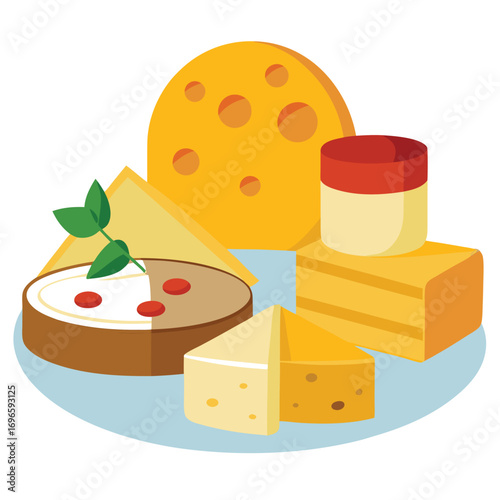 Hard porous cheese big head and sliced piece vector illustration
