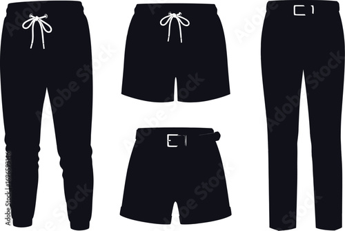 Collection of versatile black pants and shorts with drawstrings and belts for diverse styling options.