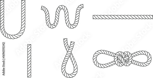 Collection of various rope knots and shapes on a white background