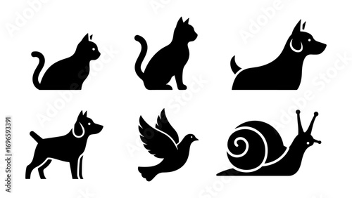 Black Silhouettes of Cats, Dogs, Bird, and Snail on a White Background