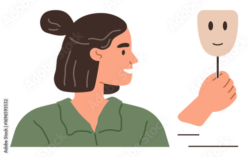 Woman looks slightly sideways while hand holds a smiling mask. Ideal for mental health, self-expression, personal identity, emotional well-being, authenticity, self-discovery, simple flat metaphor