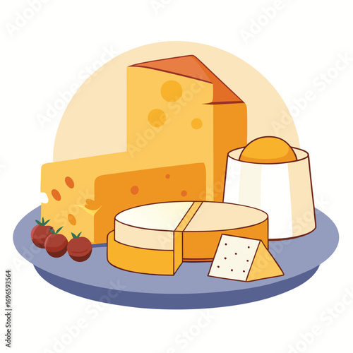 Hard porous cheese big head and sliced piece vector illustration
