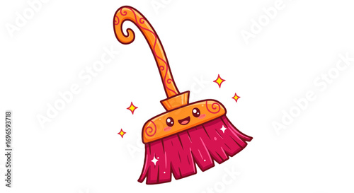 Cute cartoon broom cleaning tool with happy face and sparkles for household chores and tidiness on transparent background