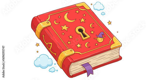 Illustrated magic spellbook with stars and moons for fantasy adventure games and children's books on transparent background