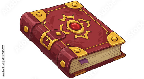 Red magical spellbook fantasy book illustration ancient tome with gem and gold accents for rpg games on transparent background