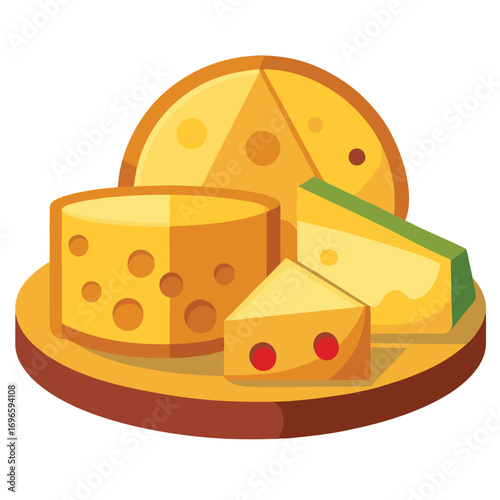 Hard porous cheese big head and sliced piece vector illustration