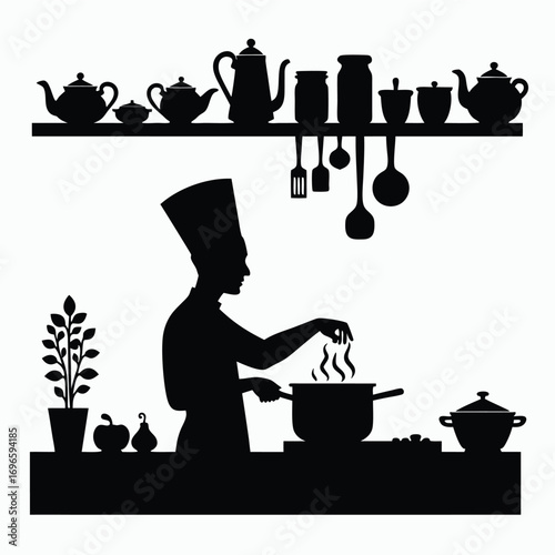Chef silhouette cooking with steam and kitchenware on shelf