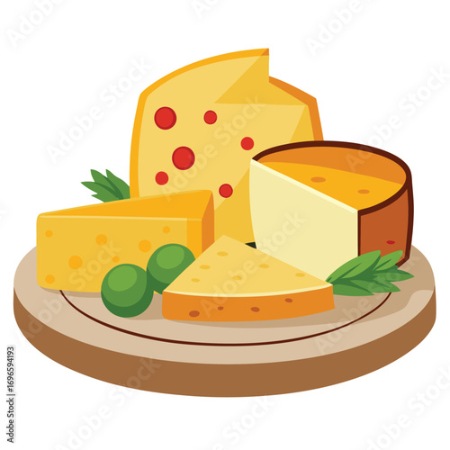Hard porous cheese big head and sliced piece vector illustration