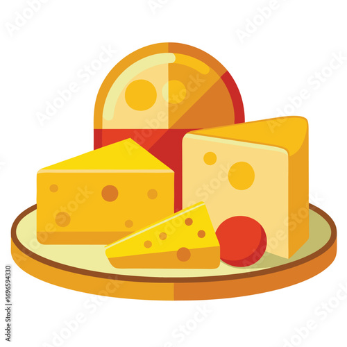 Hard porous cheese big head and sliced piece vector illustration