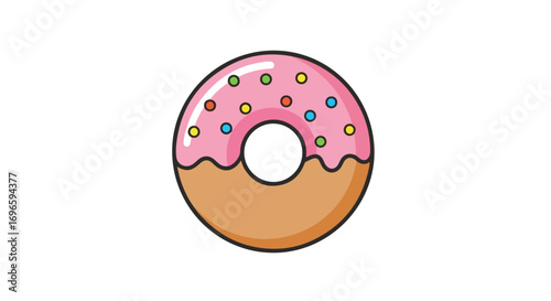 Delightful donut illustration with pink frosting and vibrant colorful sprinkles presented on a pure white backdrop