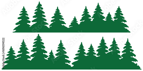 Fir trees silhouettes set. Coniferous spruce horizontal background patterns, black evergreen woods vector illustration. Beautiful hand drawn panorama with treetops forest. Black pine woods Forest