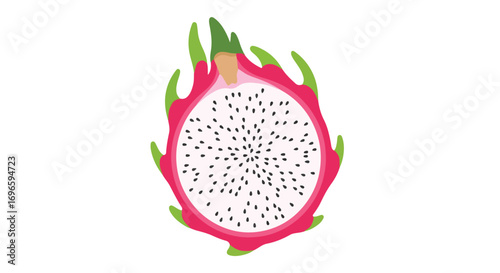 Isolated vivid dragon fruit slice illustration showcasing its unique white flesh speckled with tiny black seeds and vibrant pink rind with green