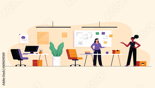 Creative team of women collaborating on a project, brainstorming ideas with a whiteboard in a modern office illustration