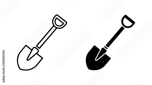 Shovel Icon Set: Black Outline and Solid Glyph Illustrations