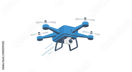 Modern blue drone illustration with camera capturing aerial footage and dynamic motion blur on pristine white background highlighting technological