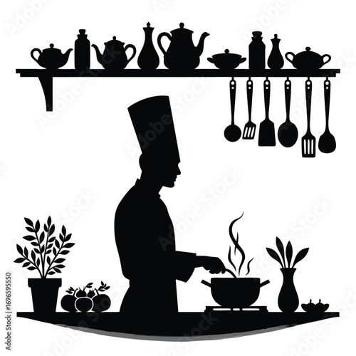 Chef silhouette cooking with steam and vase in kitchen