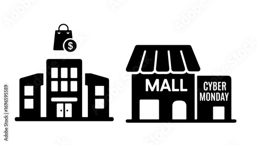 Retail Shopping Buildings and Mall with Cyber Monday Sale Event Illustration