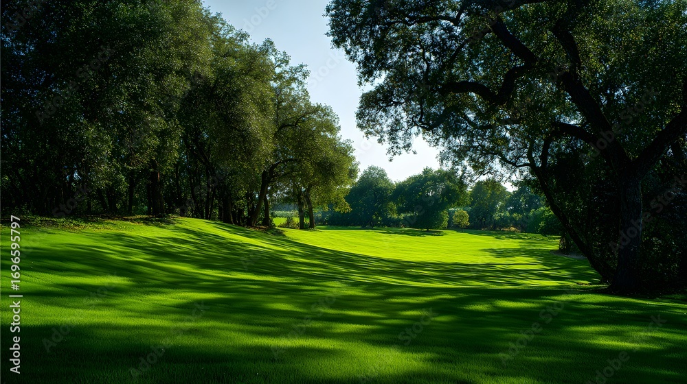 Fototapeta premium Lush green golf course with trees casting long shadows, showcasing a tranquil and serene outdoor setting.