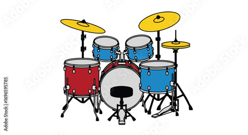 Illustrated Drum Kit with Vibrant Colors and Classic Configuration for Rock and Roll Band Instrument