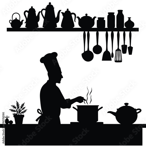 Chef silhouette cooking with teapot and produce kitchen