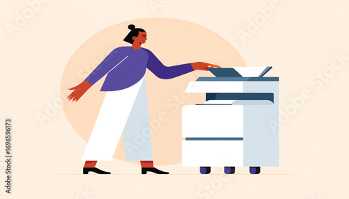 Woman Using Office Printer Simple Flat Vector Illustration for Workplace Concept