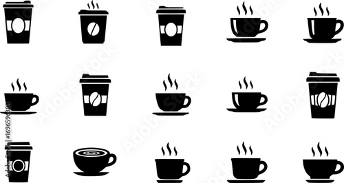 Coffee cup icon set. Cups of coffee tea collection. Hot drink icon. Disposable cup. Cup coffe with steam. Flat style. Vector Illustration. Vector Graphic