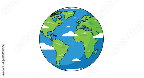 Illustrated world globe showing continents, oceans, and a few scattered clouds in a simplified cartoon style isolated on white background