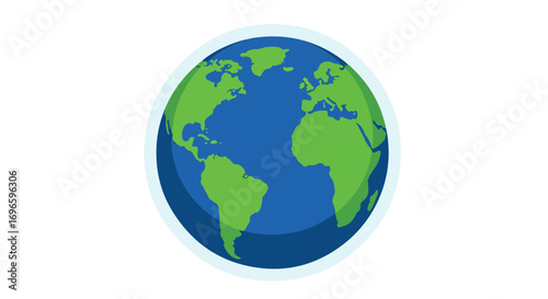 Simplified globe graphic featuring continental landmasses and oceanic expanse depicted in blue and green tones set against a pristine white backdrop