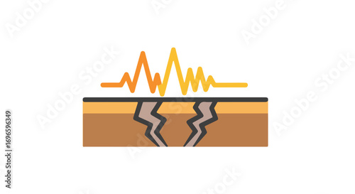 Seismic activity illustration showing land fracture and an orange wave signal indicating earthquake activity near fault lines