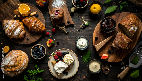 An overhead view of a rustic wooden table laden with various baked goods, fruits, and spreads.