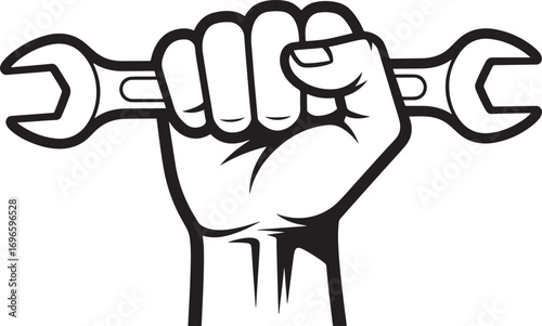 Fist holding a wrench symbolizing strength and determination for repair and construction work