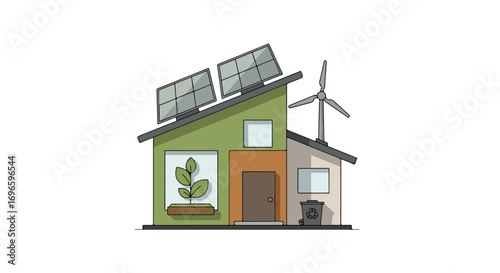 Stylized eco-friendly house with solar panels, wind turbine, and sustainable design elements showcasing green living and renewable energy sources