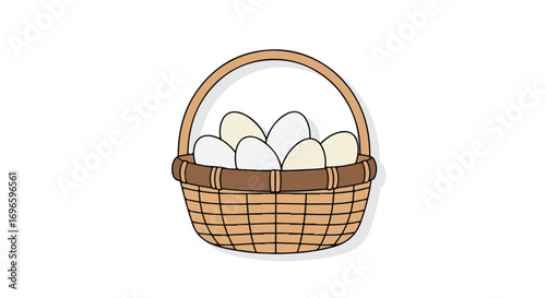 Illustration featuring a charming wicker basket overflowing with fresh, organic eggs against a clean white backdrop design element for rustic themes