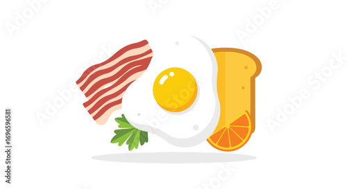Colorful breakfast illustration featuring a fried egg bacon toast orange slice and sprig of parsley isolated on a white background