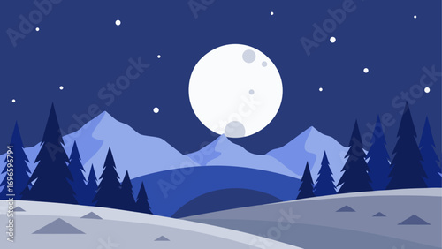 Winter landscape with moon and mountains
