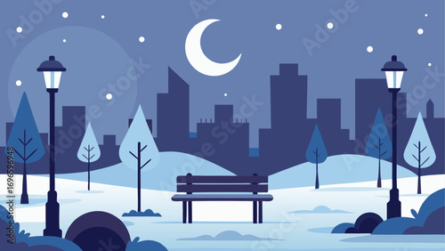 Night park scene with moon and cityscape